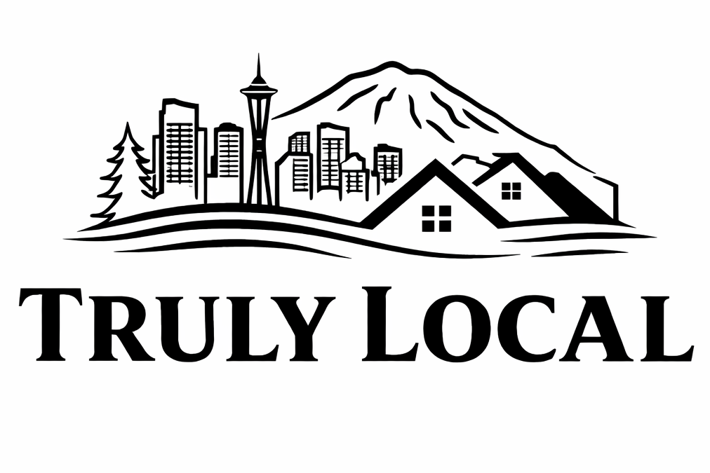 Truly Local logo with Seattle skyline, Mt. Rainier, and house illustration
