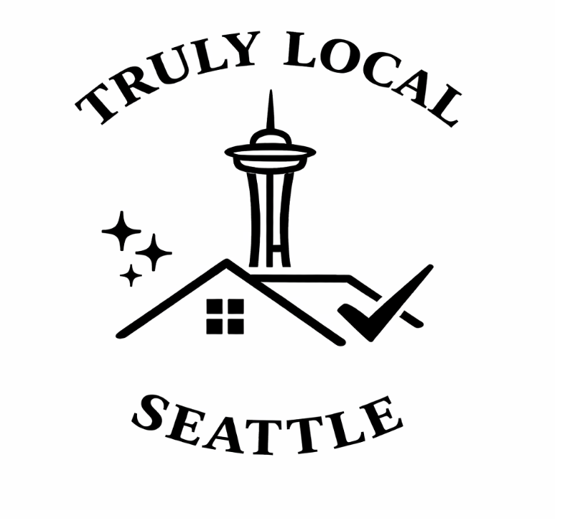 Truly Local logo simple circle with house illustration, sparkles, space needle and checkmark.